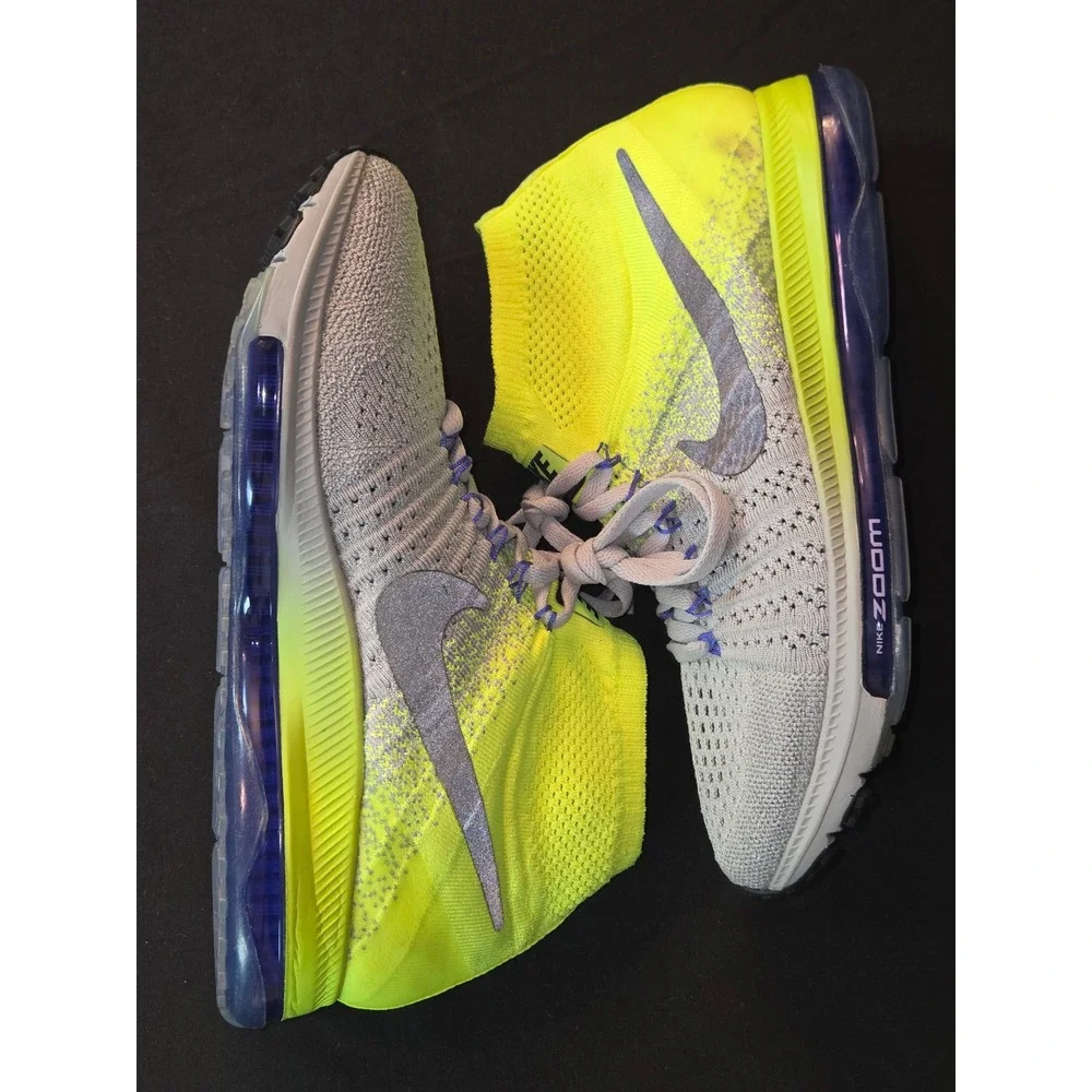 Nike Zoom All‎ Out Flyknit Women Running Shoes Neon Yellow Gray Mid Top Athletic